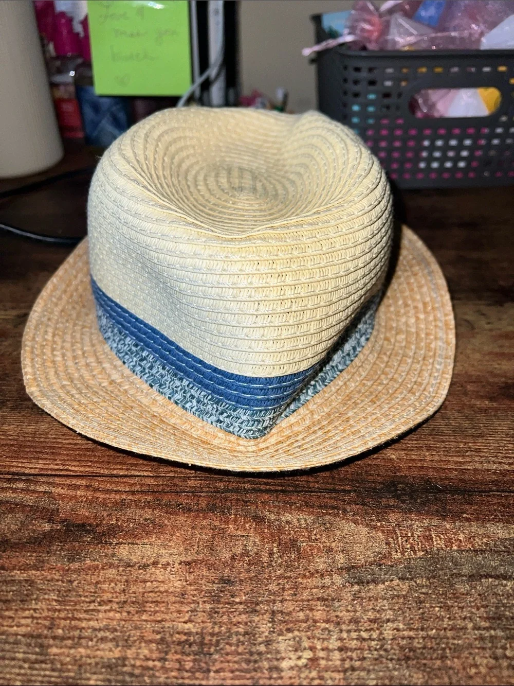 Kids Beige Straw Hat Blue Striped Band Brown Accent Classic Style